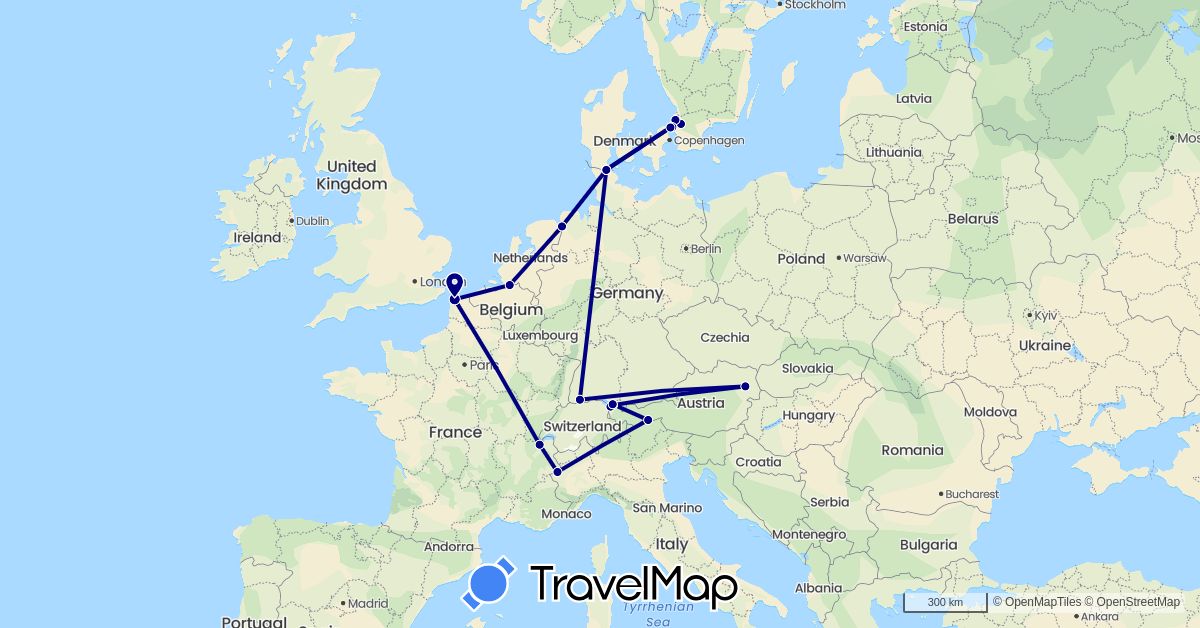 TravelMap itinerary: driving in Austria, Belgium, Switzerland, Germany, Denmark, France, Italy, Netherlands, Sweden (Europe)